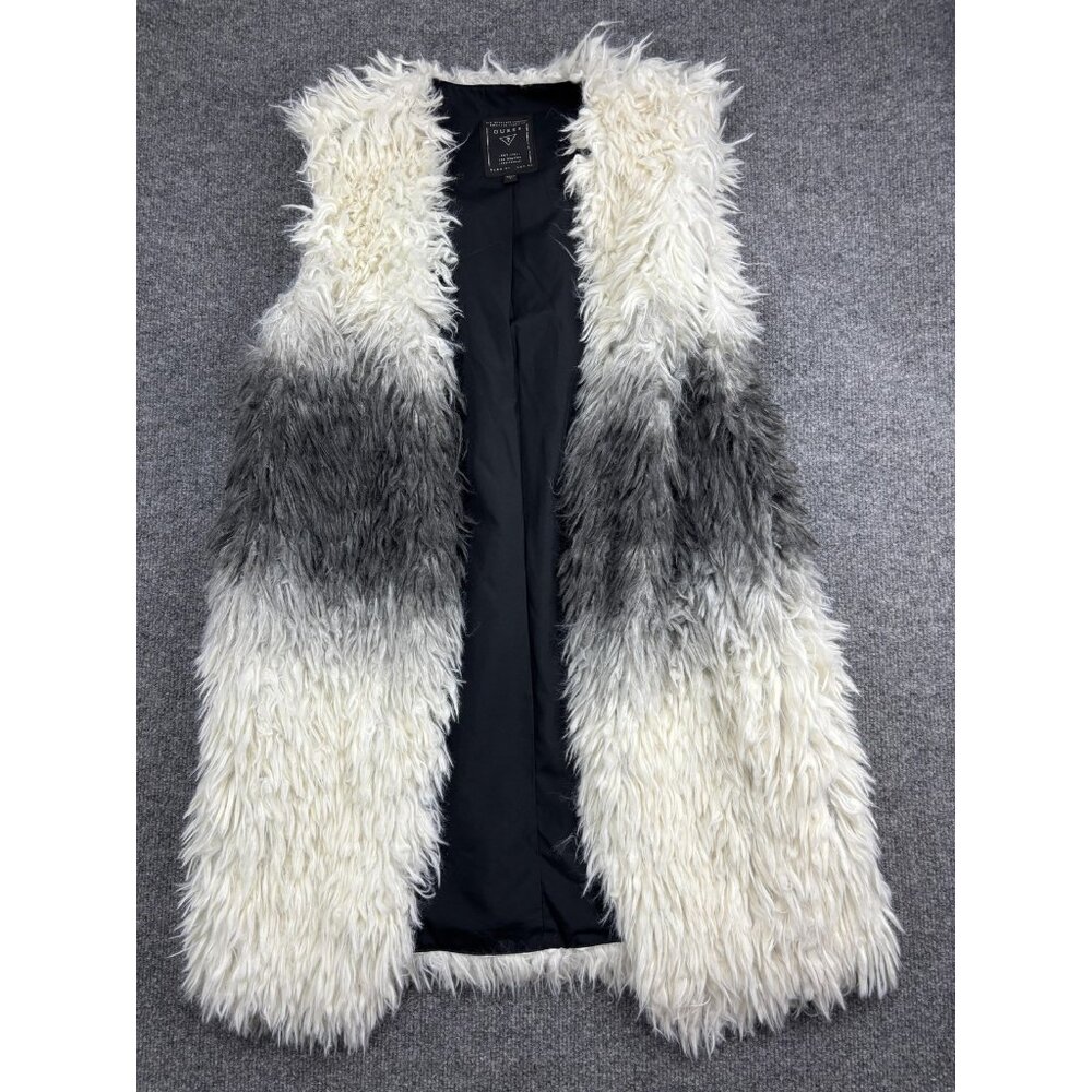 Guess Vest Womens Small White Gray Faux Fur Ombre Long Shaggy Sleeveless Lined